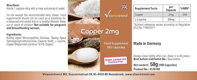 Vitamintrend Copper Capsules - 2mg - High Dose - Vegan - 180 Capsules - For Hair Pigmentation